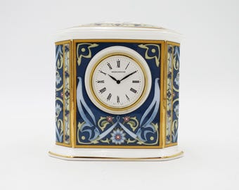 RARE Wedgwood Bone China Desk Clock Blue Elephant Retired 22K Gold Rim