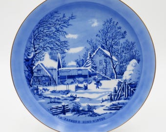 Currier & Ives “The Farmer's Home - Winter” Collectors Plate Blue Japan Gold Rim
