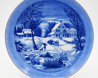 Currier & Ives The Homestead In Winter Blue/White Plate Made In Japan Gold Rim