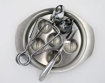 Escargot Plates Set of 2 + Tongs + Fork Stainless Steel Made in Italy 1970s