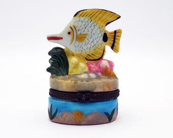 Vintage Tropical Fish Porcelain Hinged Trinket Box 3.5" Undersea Coral
