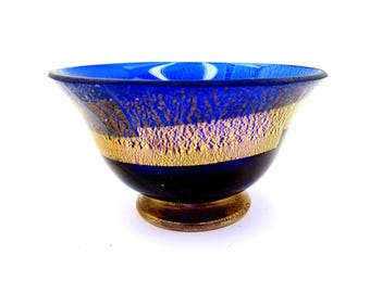 1970s Murano Glass Footed Bowl Cobalt Blue with 24K Gold Leaf 4.25 in