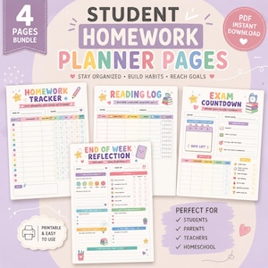May include: A four-page student homework planner bundle featuring a homework tracker, reading log, exam countdown, and end of week reflection. The pages are decorated with pastel colors, stars, and icons, including text like "Student Homework Planner Pages."