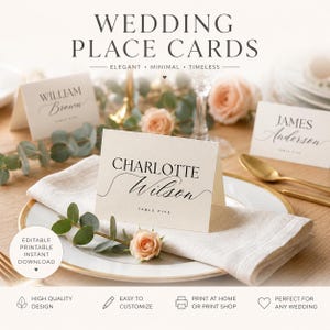 May include: Off-white folded wedding place cards featuring black serif and script typography. The cards display names such as Charlotte Wilson, William Brown, and James Anderson, with the text TABLE FIVE printed below. Each card is a tent-style design.