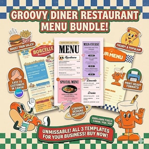 May include: A digital menu template bundle featuring three distinct restaurant designs with retro-style illustrations of a hot dog and a milkshake. The text includes GROOVY DINER RESTAURANT MENU BUNDLE, HANOVER AND TYKE, and various food items with prices.