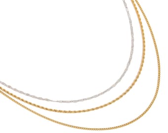 18K Gold Three-Layer Chain Necklace, Gold and Silver Design