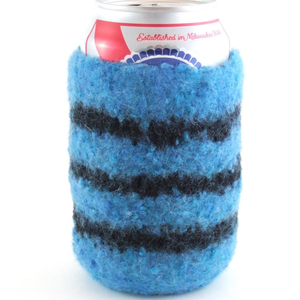 Felted Can Cozy - Black and Blue Stripes - 100% Wool
