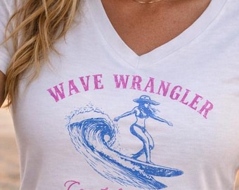 Wave Wrangler Coastal Cowgirl V-Neck Tee, Beach Surf Graphic Shirt