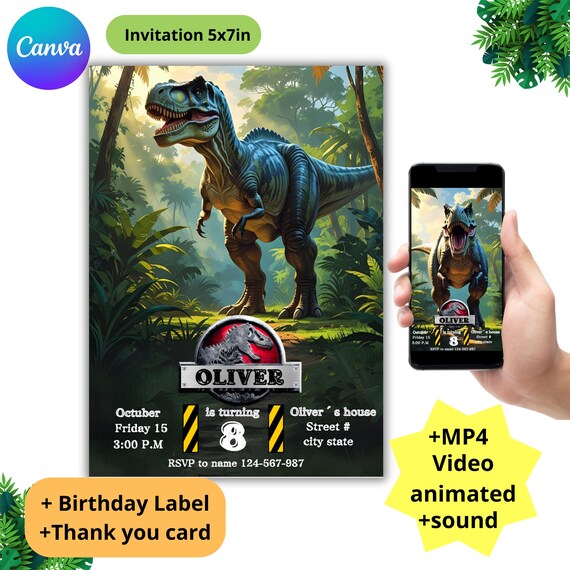 Dinosaur Birthday Invitation | Animated Jurassic World Party Invite with Sound | Editable Canva Template | MP4 Video + Printable Set