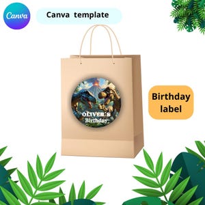 May include: A tan paper gift bag with a round sticker featuring two dinosaurs and a volcano. The sticker reads "Oliver's Birthday". The bag has a light brown handle and the words "Canva template" are at the top.