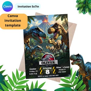 May include: A colorful invitation template with a dinosaur theme. The invitation is 5x7 inches and features illustrations of dinosaurs, a volcano, and the text "OLIVER is turning 8". The Canva invitation template includes event details.