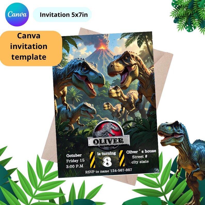 May include: A colorful invitation template with a dinosaur theme. The invitation is 5x7 inches and features illustrations of dinosaurs, a volcano, and the text "OLIVER is turning 8". The Canva invitation template includes event details.