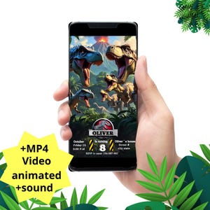 May include: A smartphone displays a dinosaur-themed birthday invitation. The invitation features illustrations of various dinosaurs, a volcano, and jungle foliage. The text on the invitation reads "OLIVER is turning 8". The image also includes the text "+MP4 Video animated +sound".