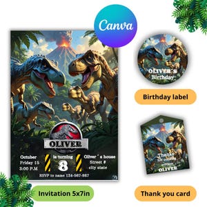 May include: A dinosaur-themed birthday invitation, label, and thank you card set. The invitation is 5x7 inches and features a detailed illustration of dinosaurs with a volcano backdrop. The label and thank you card also feature dinosaurs. The invitation reads "Oliver is turning 8".