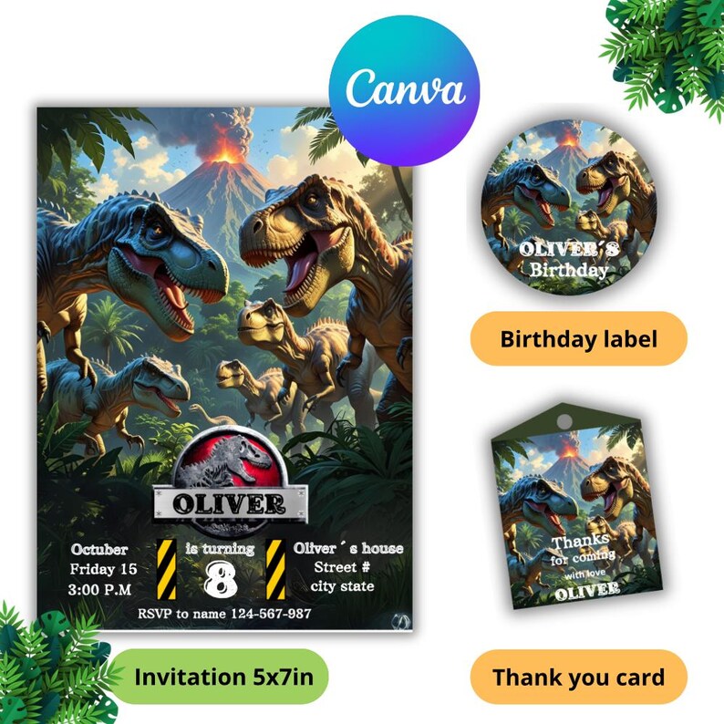 May include: A dinosaur-themed birthday invitation, label, and thank you card set. The invitation is 5x7 inches and features a detailed illustration of dinosaurs with a volcano backdrop. The label and thank you card also feature dinosaurs. The invitation reads "Oliver is turning 8".