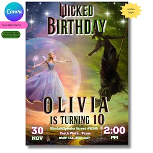 Puede incluir: Una invitación de Cumpleaños Malvado con Glinda y la Malvada Bruja del Oeste. La invitación incluye el texto "OLIVIA CUMPLE 10" con la fecha, hora e información de RSVP. La invitación mide 12,7 x 17,8 cm.