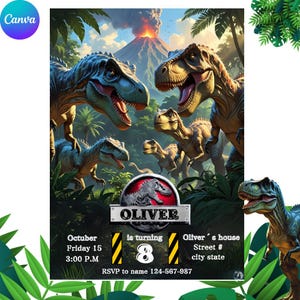 May include: A digitally illustrated birthday invitation featuring several dinosaurs in a jungle setting with a volcano in the background. The invitation includes the name "Oliver", the date, time, and RSVP information.