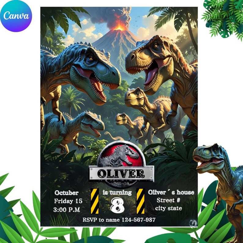 May include: A digitally illustrated birthday invitation featuring several dinosaurs in a jungle setting with a volcano in the background. The invitation includes the name "Oliver", the date, time, and RSVP information.