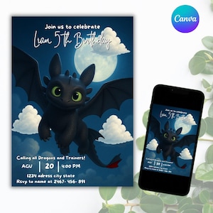 Puede incluir: Invitación de cumpleaños con un dragón negro de ojos verdes, alas extendidas, luna llena y nubes. El texto dice: "Únete a nosotros para celebrar el 5º cumpleaños de Liam" y los detalles del evento.