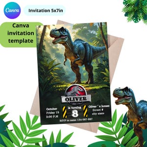 May include: A dinosaur-themed invitation template from Canva, sized 5x7 inches. The design features a detailed illustration of a Tyrannosaurus Rex in a jungle setting. Includes event details and the name "Oliver".