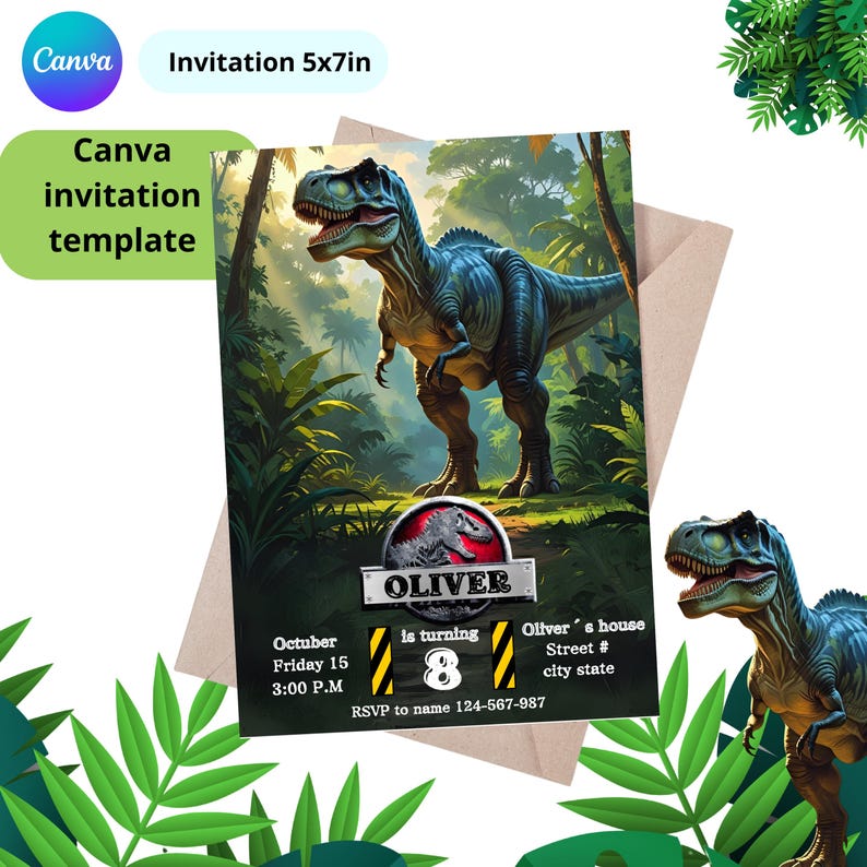 May include: A dinosaur-themed invitation template from Canva, sized 5x7 inches. The design features a detailed illustration of a Tyrannosaurus Rex in a jungle setting. Includes event details and the name "Oliver".