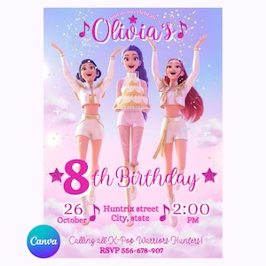 Puede incluir: Una invitación de cumpleaños con tres figuras animadas. El texto de la invitación dice "8º Cumpleaños de Olivia" en rosa, con la fecha, hora y detalles de RSVP. El fondo es de color pastel.