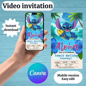 Stich Verjaardagsvideo Uitnodigingssjabloon Bewerkbaar - Canva-link - Digitale verjaardagsuitnodiging voor kinderen