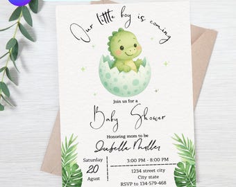 Editable Baby Shower Invitation Boy Dinosaur | Green Dino Egg Invite | Our Little Boy is Coming | CanvaTemplate | Instant Download 5x7in