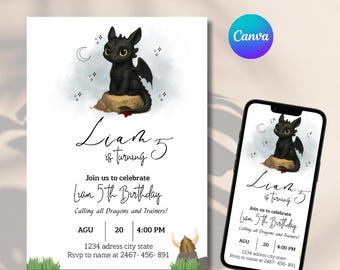 Toothless Birthday Invitation Template, How to Train Your Dragon Party, Dragon Birthday, Minimalist Digital Invite, Editable Download