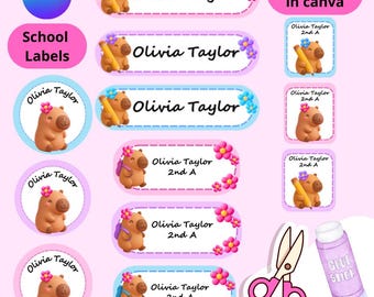 Capybara School Labels –Editable in Canva –Personalized Name Stickers for Supplies -School Name Labels-Capybara Stickers –Editable Template
