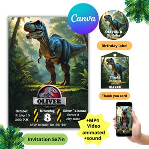 May include: A digital invitation featuring a detailed illustration of a Tyrannosaurus Rex in a jungle setting. The invitation includes event details, a birthday label, a thank you card, and a video option. The invitation is 5x7 inches.