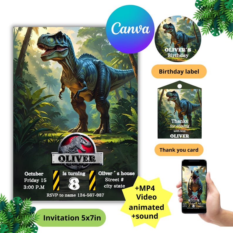 May include: A digital invitation featuring a detailed illustration of a Tyrannosaurus Rex in a jungle setting. The invitation includes event details, a birthday label, a thank you card, and a video option. The invitation is 5x7 inches.
