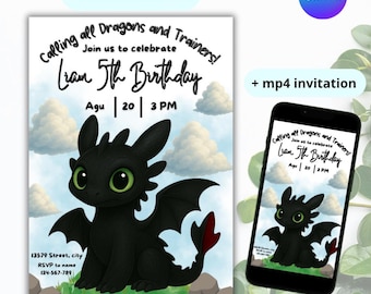 Toothless Dragon Birthday Invitation | How to Train Your Dragon Theme | Editable Canva + MP4 | Digital Invite 5x7