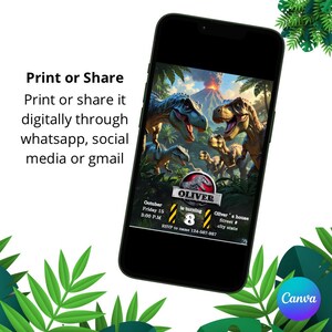 May include: A smartphone displays a dinosaur-themed birthday party invitation. The invitation features illustrations of dinosaurs, a volcano, and jungle foliage. Text includes the name "Oliver", date, time, and RSVP information. The phone is surrounded by green leaves.