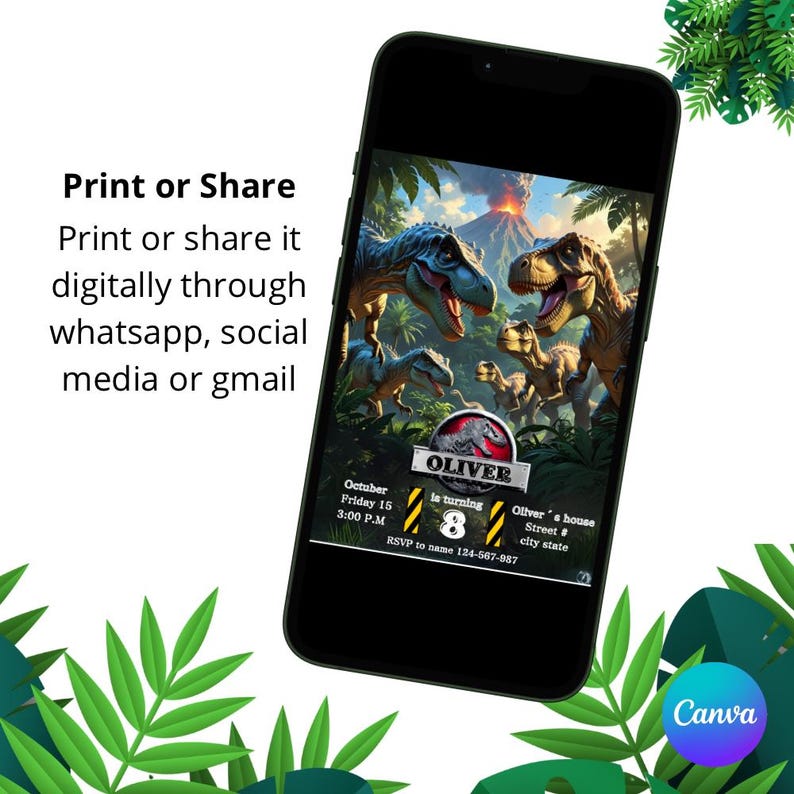 May include: A smartphone displays a dinosaur-themed birthday party invitation. The invitation features illustrations of dinosaurs, a volcano, and jungle foliage. Text includes the name "Oliver", date, time, and RSVP information. The phone is surrounded by green leaves.