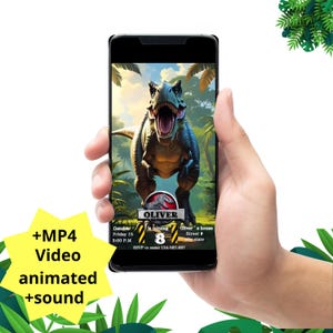 May include: A smartphone displaying a digital invitation with a dinosaur graphic. The invitation includes the name "Oliver", date, time, and RSVP information. The phone is held in a hand, with a yellow starburst graphic that says "+MP4 Video animated +sound".