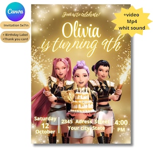 Kpop Demon Hunters Birthday Invitation - Editable Canva Template - Huntrix Golden White and Black Suits - Printable Birthday Party Invite