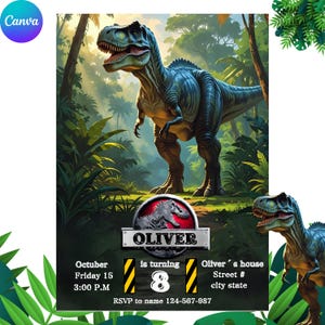 May include: A birthday invitation featuring a detailed illustration of a Tyrannosaurus Rex in a jungle setting. The invitation includes the name "OLIVER", the number "8", and event details: October 15, 3:00 P.M. and RSVP information.