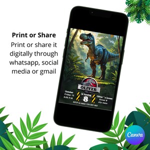May include: A smartphone displays a digital invitation with a dinosaur illustration. The invitation includes the name "Oliver", the number "8", and event details. Text on the phone reads "Print or Share" and "RSVP".