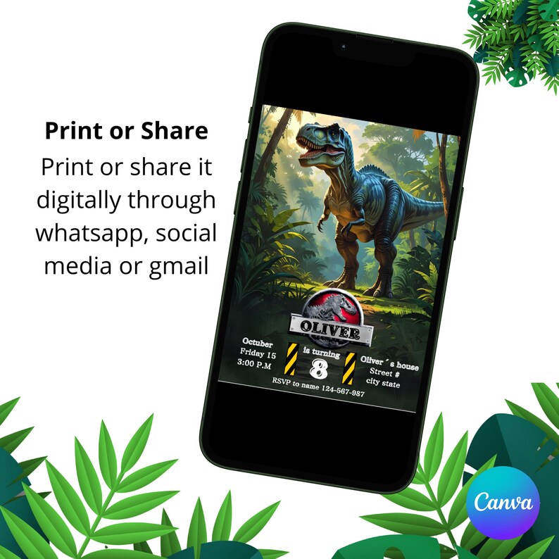 May include: A smartphone displays a digital invitation with a dinosaur illustration. The invitation includes the name "Oliver", the number "8", and event details. Text on the phone reads "Print or Share" and "RSVP".