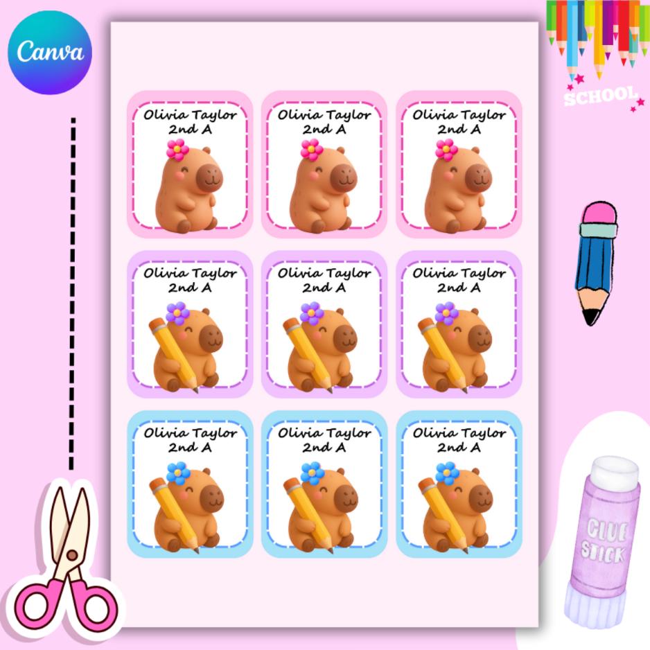 Capybara Notebook Label Editable Capybara School Labels –editable in Canva –personalized Name Stickers ...
