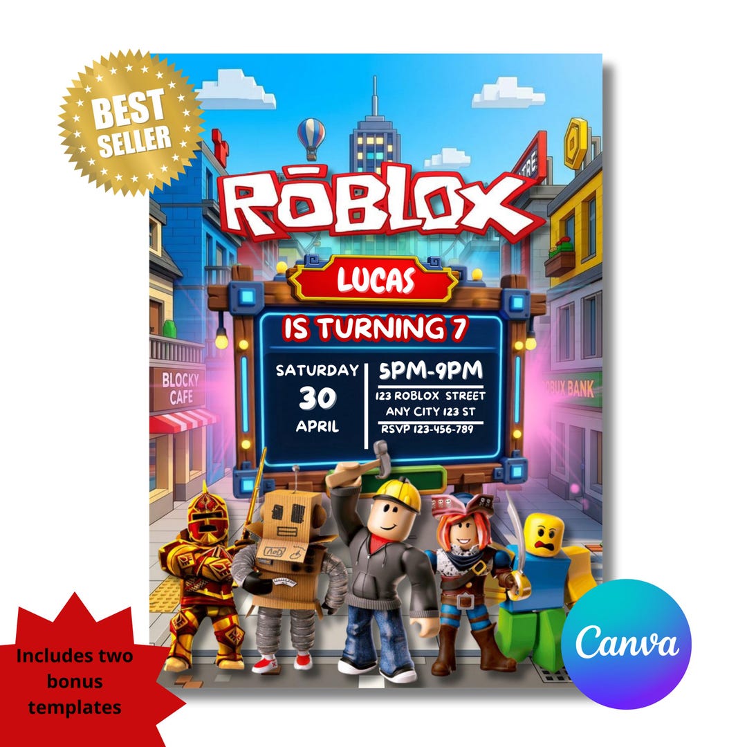 Roblox Birthday Invitation Template Editable Canva, Roblox Party Invite ...