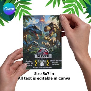 May include: A 5x7 inch dinosaur-themed invitation card. The card features illustrations of several dinosaurs, a volcano, and jungle foliage. The text includes the name "Oliver", the number "8", and event details. All text is editable in Canva.