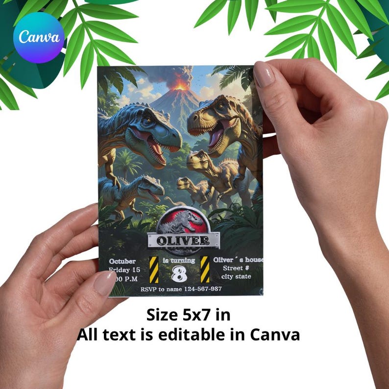 May include: A 5x7 inch dinosaur-themed invitation card. The card features illustrations of several dinosaurs, a volcano, and jungle foliage. The text includes the name "Oliver", the number "8", and event details. All text is editable in Canva.