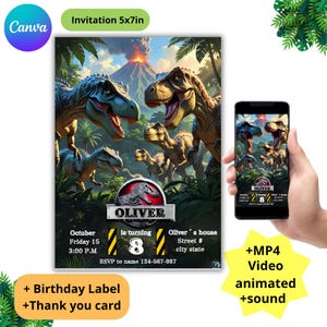 Dinosaur Birthday Invitation | Animated Jurassic World Party Invite with Sound | Editable Canva Template | MP4 Video + Printable Set
