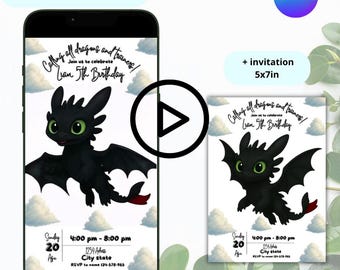How to train your dragon movie birthday party video invitation, toothless digital animated video invite for mobile |+Printable 5x7 |Editable
