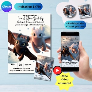 May include: A birthday invitation set featuring a black and white dragon illustration. The invitation reads "Liam & Olivia Birthday" with event details. Includes a label, thank you card, and animated video.