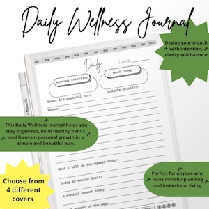 Puede incluir: Un Diario de Bienestar Diario blanco con un bolígrafo, con indicaciones para la reflexión diaria. El diario incluye secciones para intenciones, estado de ánimo y prioridades. El texto del diario dice: "Este Diario de Bienestar Diario te ayuda a mantenerte organizado, a desarrollar hábitos saludables y a concentrarte en el crecimiento personal."