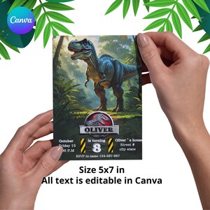 May include: A rectangular invitation card featuring a blue and green dinosaur illustration. The card includes the name "Oliver", the number "8", and the text "Size 5x7 in". The text "All text is editable in Canva" is also present.