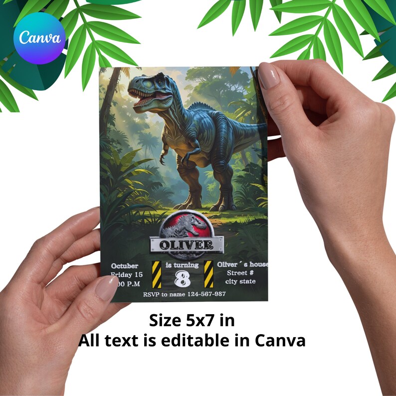 May include: A rectangular invitation card featuring a blue and green dinosaur illustration. The card includes the name "Oliver", the number "8", and the text "Size 5x7 in". The text "All text is editable in Canva" is also present.